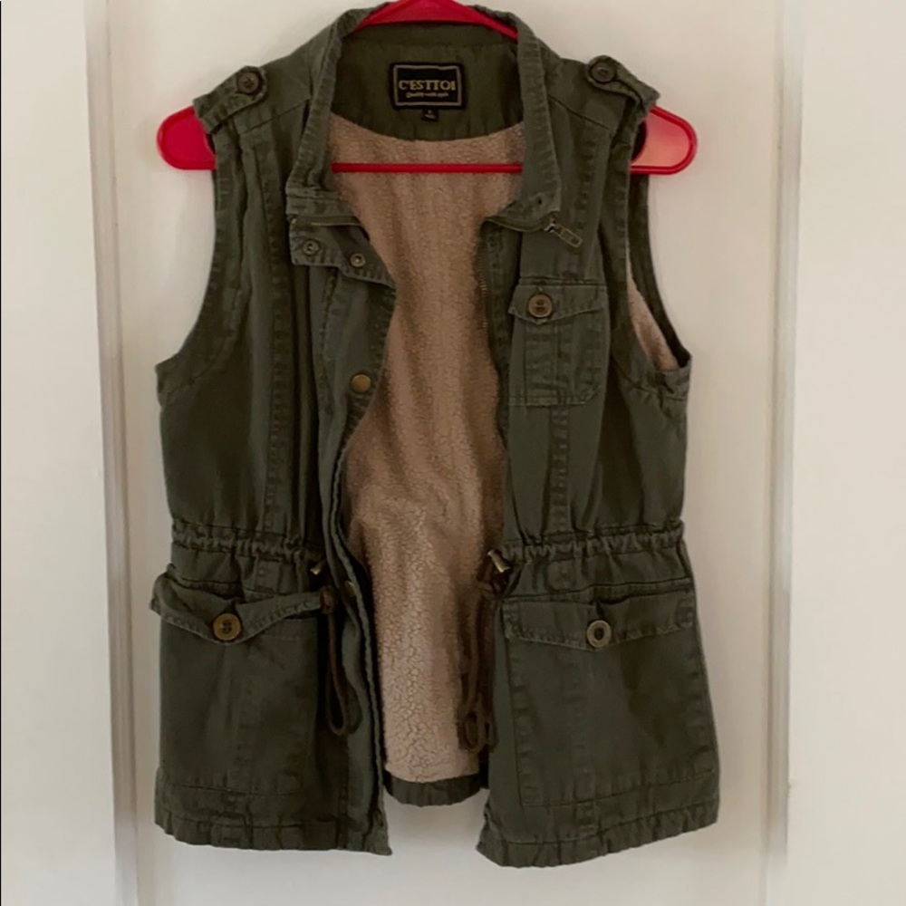 Olive green faux fur lined vest